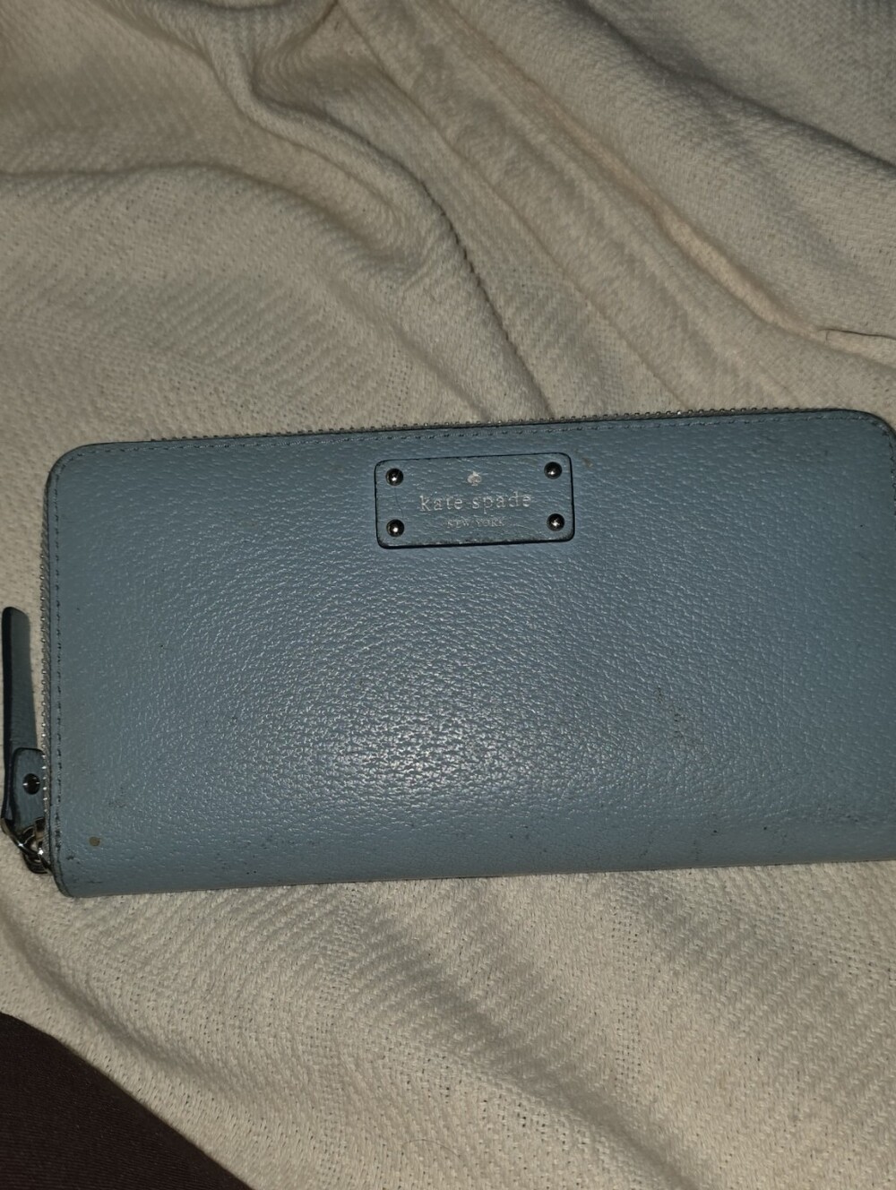 kate spade light blue pebbled leather zip-around wallet